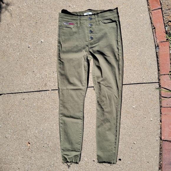 Olive Tommy Jeans High Rise Skinny Button Fly Raw Hem Stretch Green 4 - Picture 2 of 9